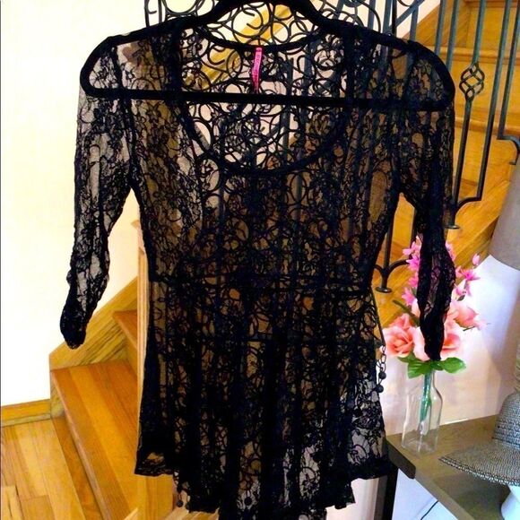 ELECTRIC PINK BLACKLACE BABYDOLL LINGERIE TOP - Picture 3 of 5